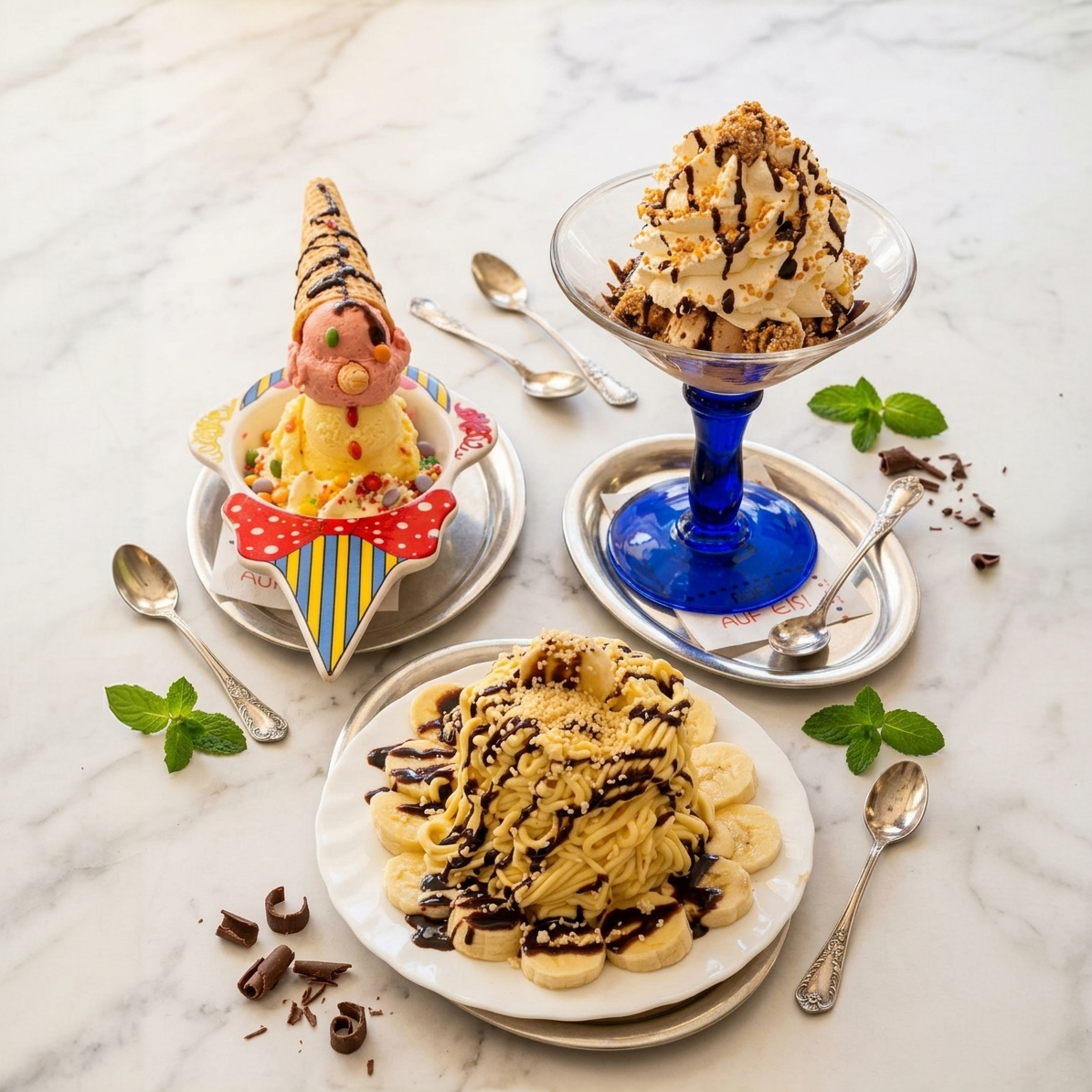 Spaghetti-Eis, Kinderbecher und Nussbecher auf Marmor