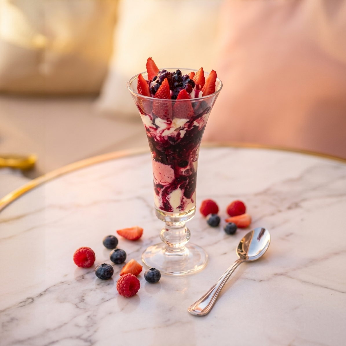 Beeren-Parfait im hohen Glas mit frischen Früchten