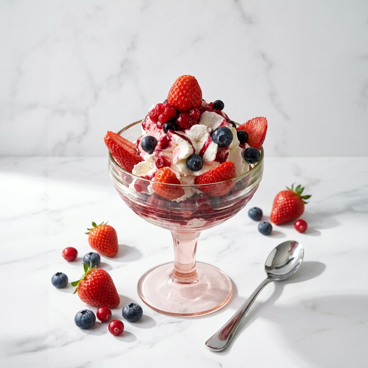 Erdbeerbecher mit Beeren und Sahne im Glas