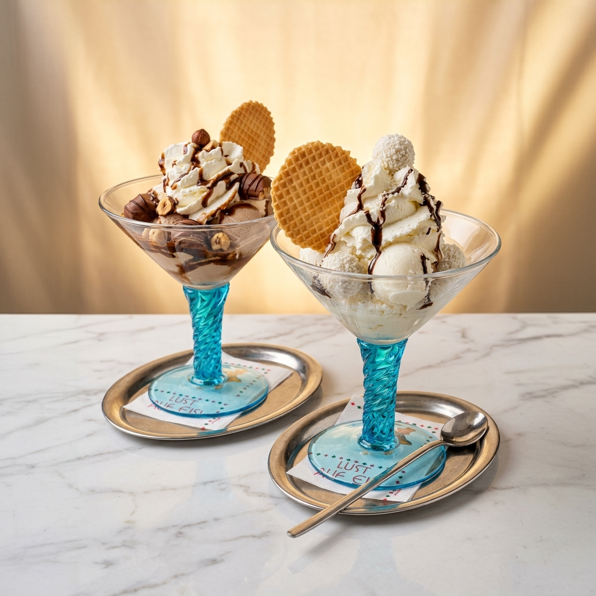 Zwei Eisbecher mit Sahne, Waffel und Schokosauce