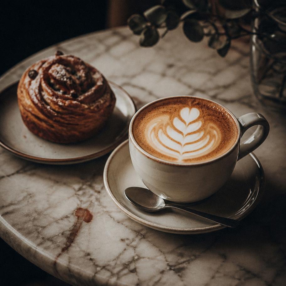 Cappuccino mit Latte Art auf Marmortisch
