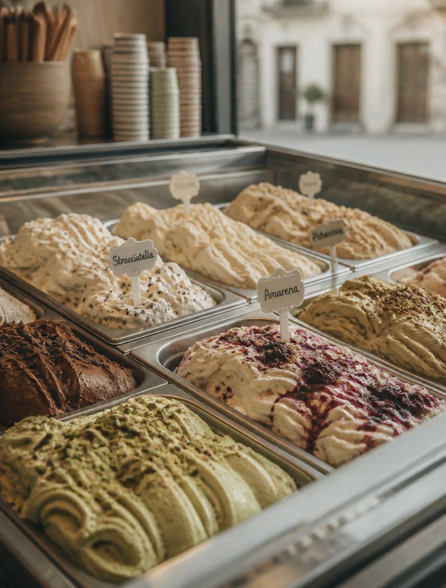 Gelato-Theke mit verschiedenen Sorten